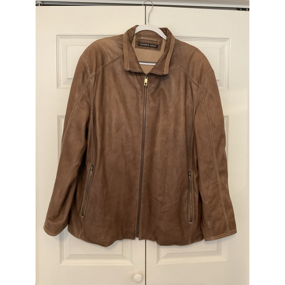 andrew marc men's XXL leather jacket buttery soft brown full zip moto collar